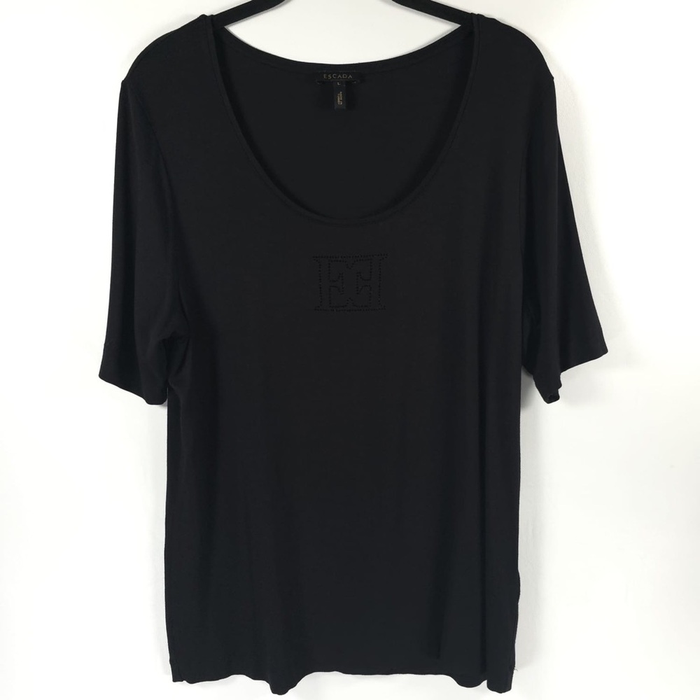 ESCADA Sequin Logo Scoop Neck Short Sleeve Black Top Style 5015548 Size LARGE
